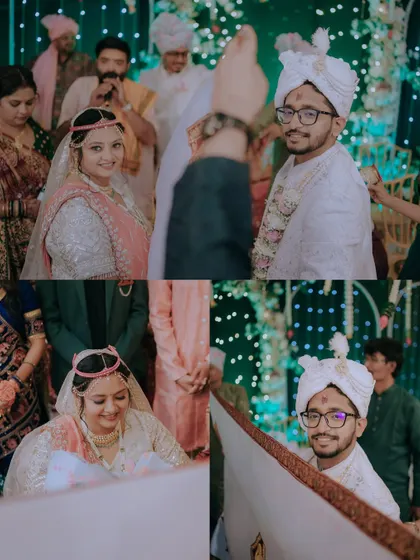 A collage of stolen glances during the wedding ceremony. These candid shots capture the sweet, unspoken communication between the bride and groom amidst the rituals.