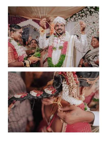 A collage of key moments from a wedding ceremony, including the tying of the mangalsutra.