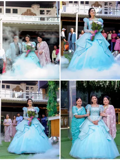 A collage showing the bride's grand entrance at her engagement, complete with smoke effects and family by her side. It captures the drama and emotion of the moment.