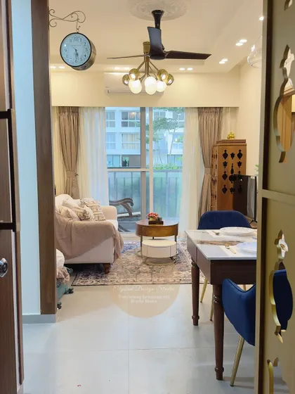 A view from the entrance of our newly completed project at Godrej Royale Woods. This shot captures the warm and inviting atmosphere of the living and dining area, designed specifically for senior living with comfort and accessibility in mind.