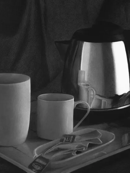 My award-winning still life drawing of a kettle and mugs, which received the Gold Award at a national art contest.