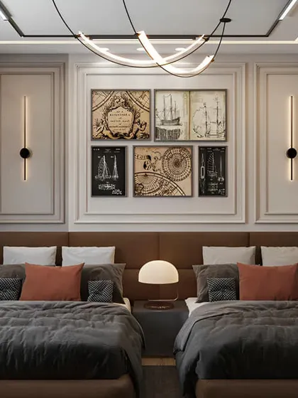 A classic and masculine bedroom design with two single beds. The paneled walls and curated gallery of art prints give it a timeless, scholarly feel.