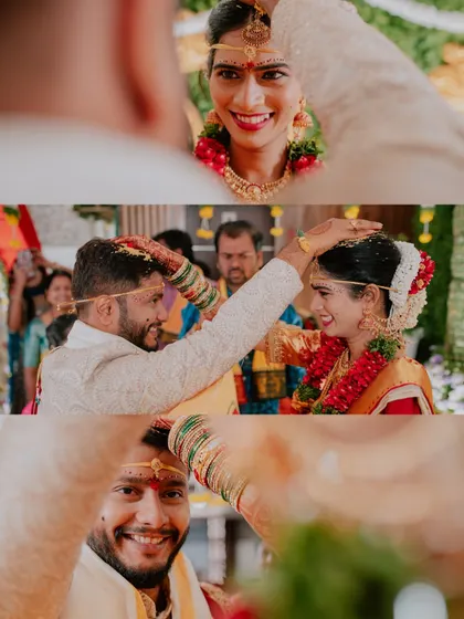 A collage of close-up shots from a wedding ceremony, capturing the emotions of the bride and groom.
