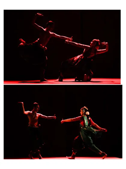 A collage of two intensely dramatic, red-lit scenes from "Tyāgarāja Hṛt Sādana." The lighting and choreography combine to create moments of high emotion.