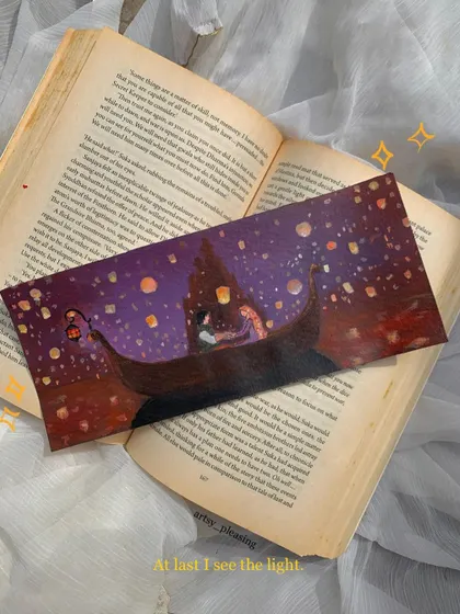 "At last I see the light." A bookmark I painted, inspired by the beautiful lantern scene from Disney's Tangled. A perfect gift for any book lover.