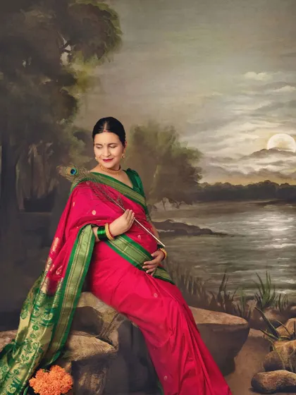 A serene and artistic portrait, combining the beauty of tradition with a painterly backdrop for a truly unique image.