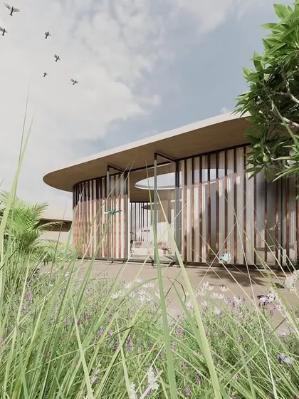 The Sanctuary wellness pavilion, seen from its garden. The design uses lightweight screens and an open ground floor to create a structure that feels like a part of the landscape, offering a peaceful escape within the city.
