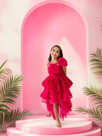 A full-length shot showcasing the gorgeous pink gown against a matching arched backdrop. This setup is perfect for a glamorous birthday shoot.