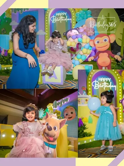 A duplicate of image 104, a collage of the birthday girl and her family enjoying the Cocomelon party.