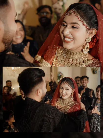 The smiles say it all. This collage captures the joy and excitement of the bride and groom during their wedding celebration, surrounded by loved ones.