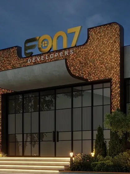 Showcasing our architectural design capabilities with the facade for EON7 Developers in Gurugram. The design balances boldness and elegance, using a textured, warmly lit central feature and expansive glass panels to create a grand and welcoming first impression.
