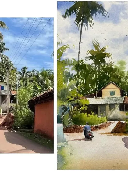 A side-by-side comparison of a reference photo and my watercolor interpretation, showing how I translate a real scene into a painting.
