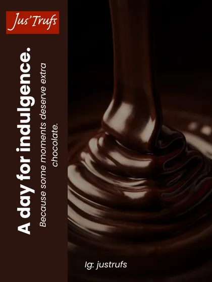 Our chocolate-pour close-up accompanies the truffle collection, with flowing chocolate filling the frame beneath our Jus'Trufs mark.
