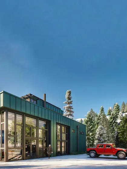 A 3D render of a minimalist container house in a snowy landscape. This visualization shows the potential for container architecture to create cozy, modern escapes in any environment.