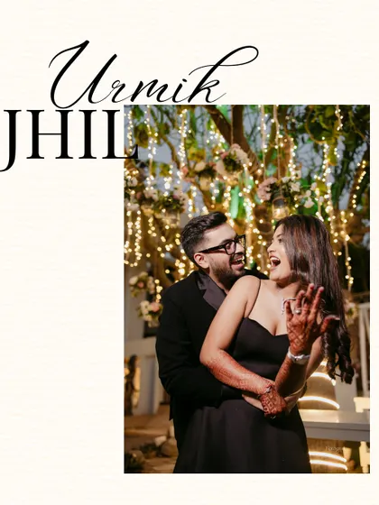 A beautifully designed graphic with the couple's names, featuring a candid photo of them laughing and embracing.
