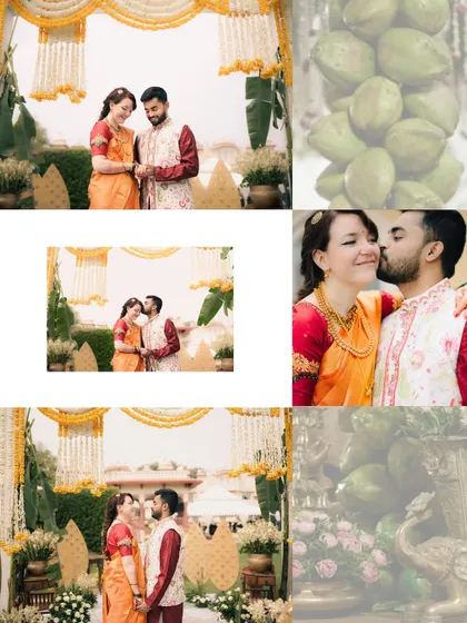 A collage of a cross-cultural wedding, blending traditional South Indian elements with tender, modern moments of affection.