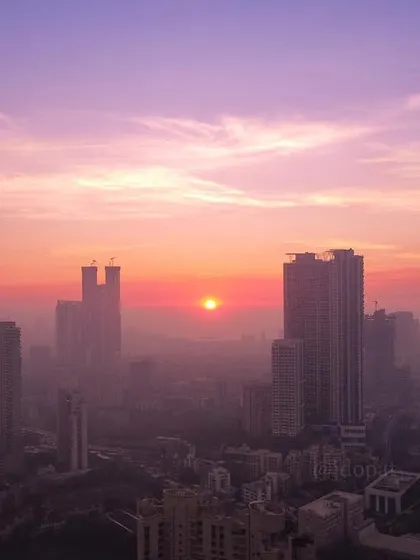 The sun, appearing as a small, intense orb, sets behind a hazy Mumbai skyline, resembling the Death Star from Star Wars.