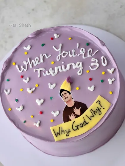 A funny cake for a 30th birthday, inspired by the TV show FRIENDS. The rustic, hand-piped design adds to its charm.