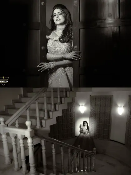 A dramatic black and white collage of the bride's portraits, using shadows and light to create a moody and artistic feel.