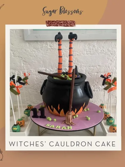 A closer look at my witch's cauldron cake, perfect for a Halloween party. The entire cauldron is a custom-carved cake, complete with edible flames, a bubbling potion, and a fondant broomstick. It's a treat that's both spooky and sweet.