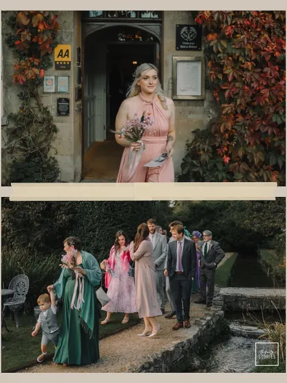 A collage showing candid moments of guests arriving and enjoying the celebration, adding depth to the wedding story.