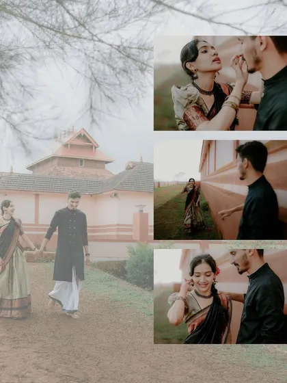 A collage of moments from a pre-wedding shoot at a heritage location, showing the couple's playful and romantic interactions against a culturally rich backdrop.