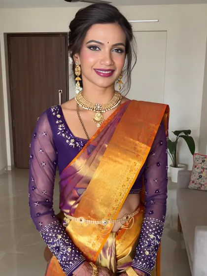 A stunning traditional look featuring a vibrant silk saree. The makeup is fresh and glowing, with a bold lip that beautifully contrasts with the purple and gold of her outfit.