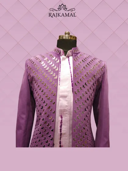 A full-length view of the purple Indo-Western ensemble, a contemporary and fashion-forward choice.