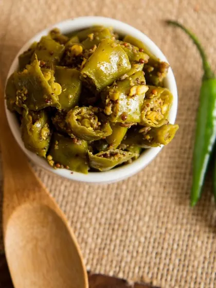 A close-up of my Green Chilli pickle. You can see the mustard seeds and other spices that give this pickle its distinctive, tangy flavour.