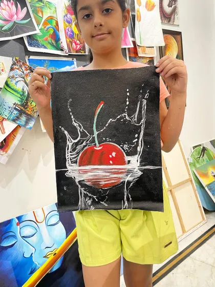 This dynamic painting of a cherry splashing into water was made with acrylics. It's a fun exercise in capturing movement and the transparency of water.