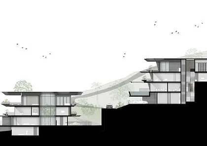 A detailed section of two homes in the Dona Paula Masterplan. This drawing clarifies the relationship between the modular house typologies and the sloping site, showing how each home is embedded into the landscape.