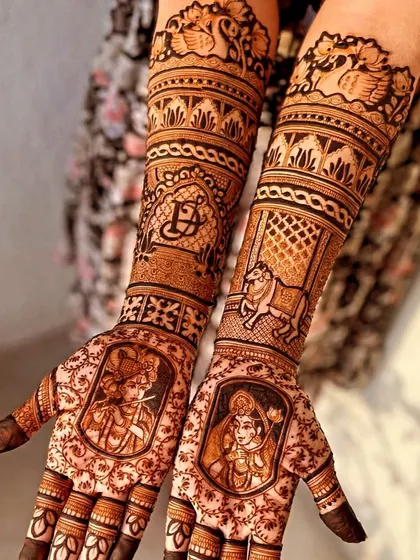 This unique design features portraits of deities on the palms, with a horse and the couple's initials on the arms. I can create any combination of figures and symbols that are meaningful to you.