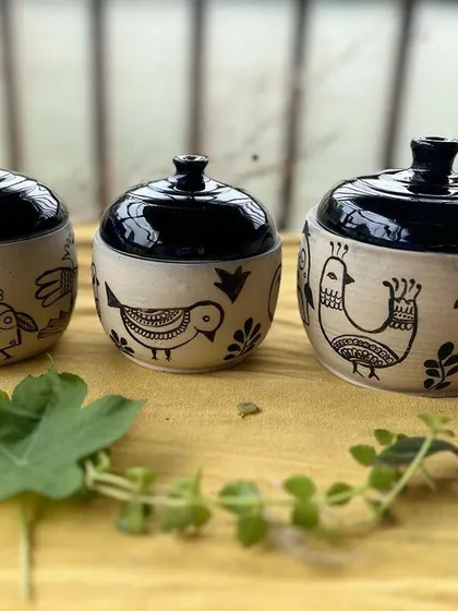 A full set of my hand-drawn bird jars. They look so cute together as a family.