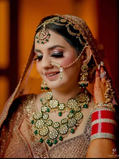 Our beautiful and alluring bride Tanvi, wearing a heavy polki and green bead set.
