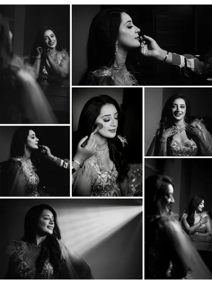 A black and white collage capturing the getting-ready process for the engagement party. From makeup application to final touches, these candid moments tell the story of the bride's transformation.