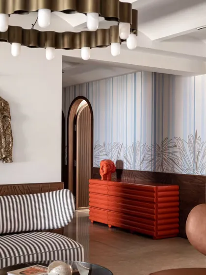 Another view of the custom wallpaper in the living space.