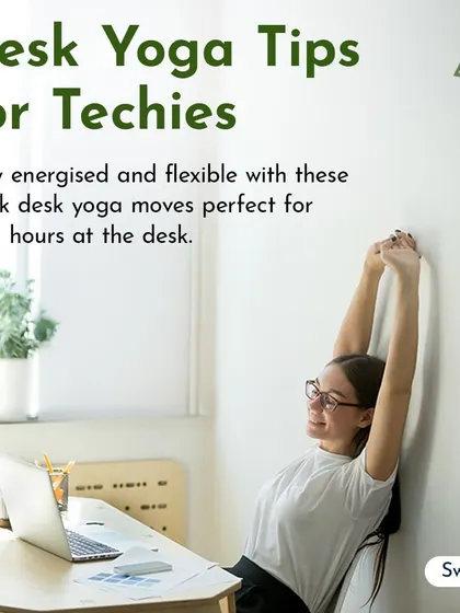 For techies spending long hours at a desk, these quick yoga moves can help you stay energized and flexible. This image introduces our desk yoga tips.