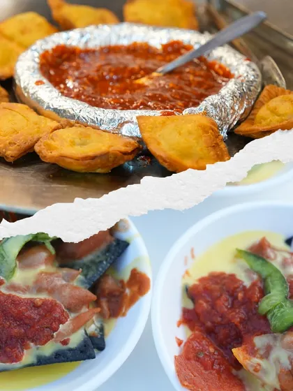 A collage showcasing our innovative starters, including Charcoal Nachos with a vibrant red sauce and cheese.