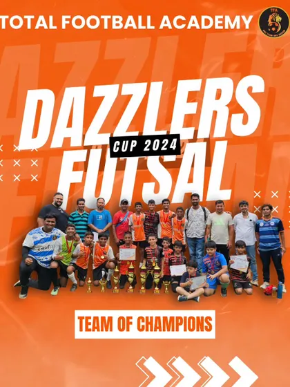 The entire group of champions from the Dazzlers Futsal Cup 2024, celebrating with parents and coaches.