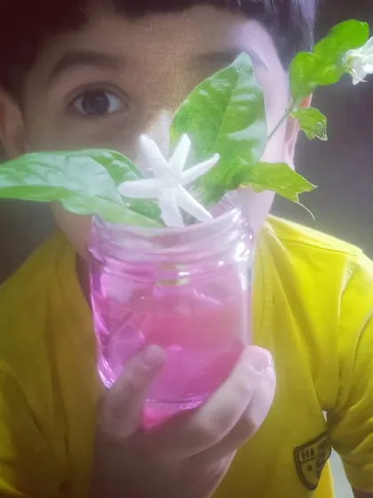 A simple experiment to demonstrate "capillary action," showing how plants drink water. While doing this, we discovered how to make our own watercolor from colored paper, a perfect example of learning through discovery.