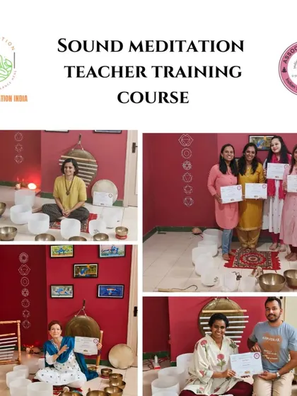 A collage of graduation photos announcing our collaboration with Dhurii Space for a Level 1 TTC in January. This course offers in-depth knowledge of both Tibetan and crystal singing bowls.