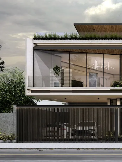 Another angle of 'The Trapezoidal House', highlighting the expansive glazing that invites natural light to sculpt the interiors. The vertical slat fence provides privacy for the ground floor and parking area while maintaining a lightweight feel.