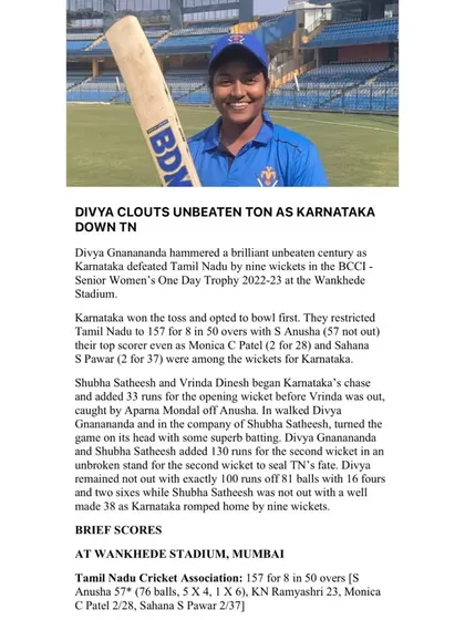 News article highlighting Divya's match-winning unbeaten century for Karnataka. This level of performance in a high-pressure game shows the effectiveness of our cricket-specific strength and conditioning program.