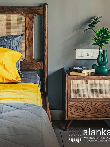 A detailed look at my handcrafted bedroom furniture. This set, made from teak wood with cane accents, combines traditional materials with a modern design sensibility for a truly unique aesthetic.
