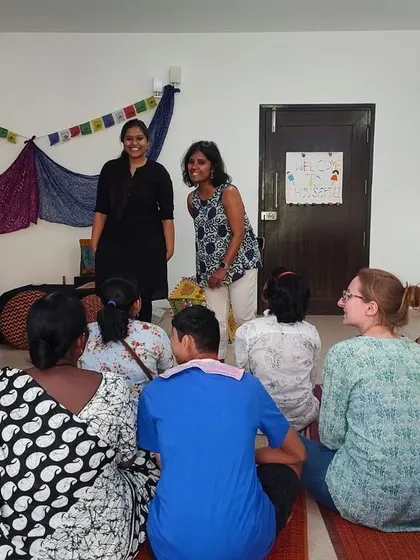 Sharing a laugh with the team and participants at Snehadhara. The atmosphere was so warm and welcoming.