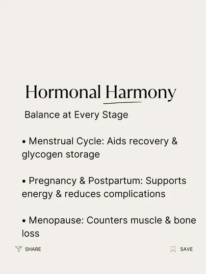 Creatine supports hormonal harmony at every stage of a woman's life. It can aid recovery during the menstrual cycle, support energy during pregnancy, and counter muscle and bone loss during menopause.