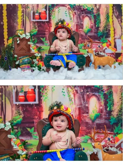 This collage shows two happy moments from the Little Krishna session. The baby's bright smiles light up the entire divine-themed set.