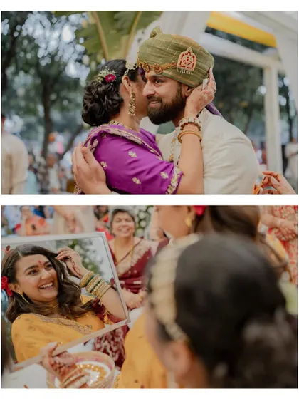 A collage capturing the beautiful, candid moments of a traditional wedding ceremony, from the bride's smile to the couple's interactions with family.