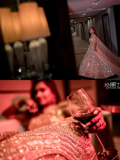 A collage showing the bride's glamorous reception look and a playful, stylized portrait in a bathtub with a glass of wine. We love creating fun and unconventional shots.