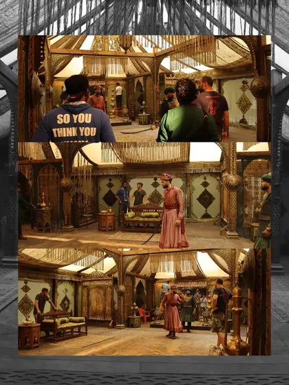 A collage from the 'Chhaava' set, showing the actors in costume and the crew working around them to light the intricate scene.